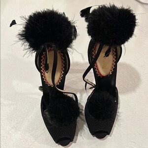 Christian Louboutin Black Heels with Pom-Pom Accent